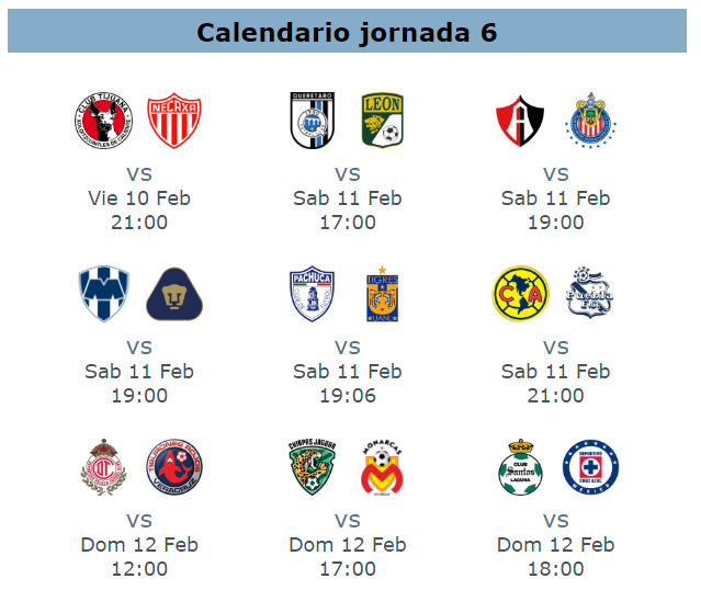 Calendario de juegos de la jornada 6 del clausura 2016 en el futbol mexicano